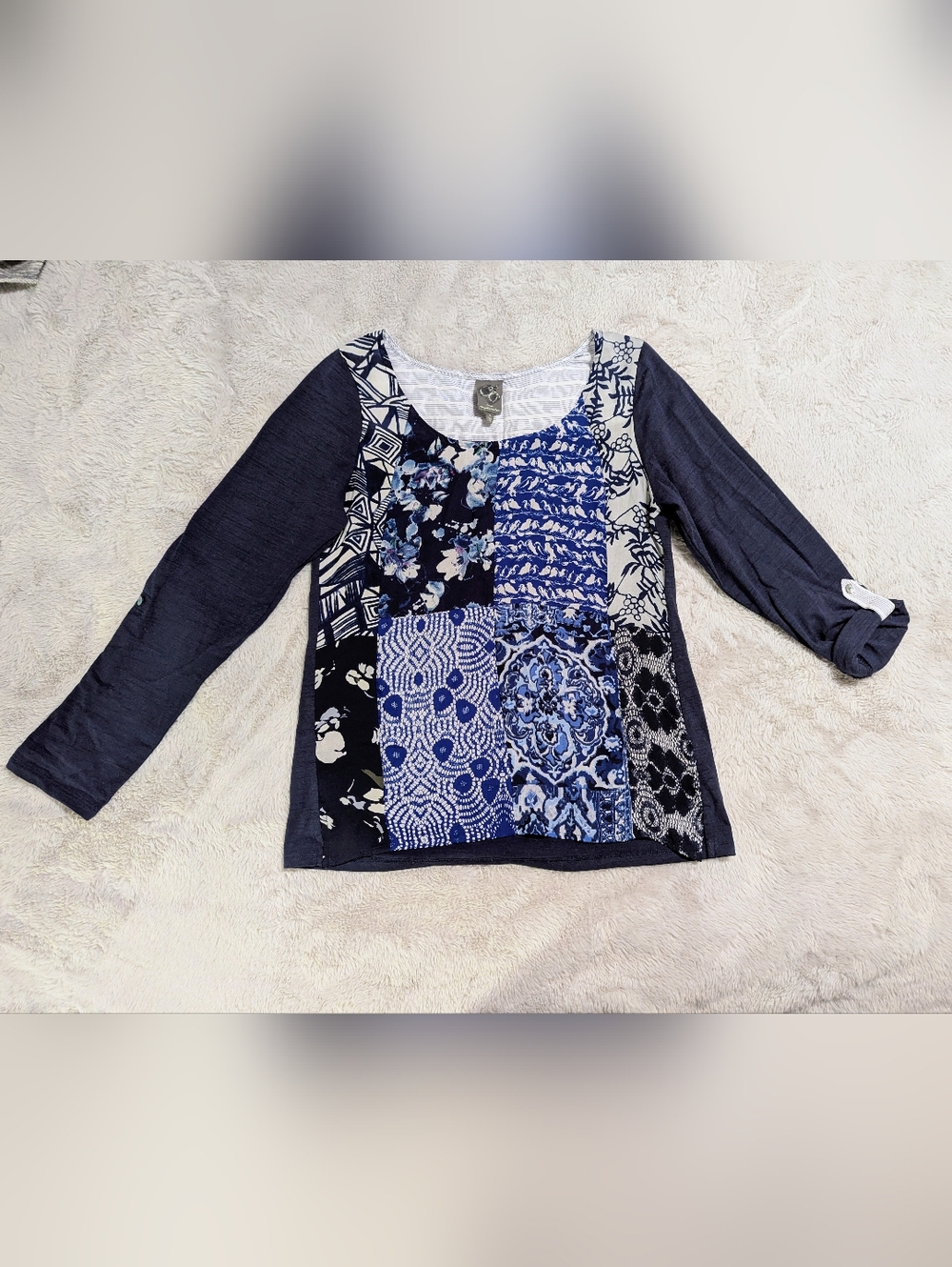 Anthropologie One September Patchwork Roll Tab Sleeve Top Size S *Read*